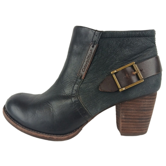 CAT Caterpillar 6.5 Black Brown Annette Ankle Boots Buckled Leather Booties Heel - Picture 7 of 15